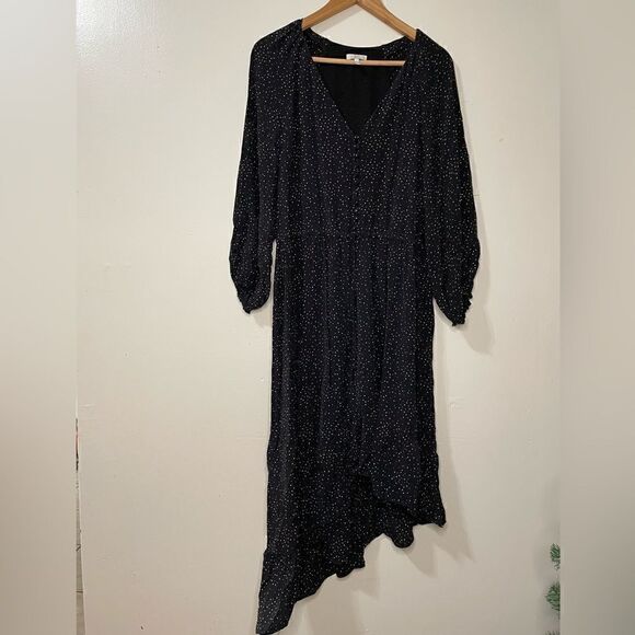 Joie Black Assymetric Hem Ruffled Midi Dress With Hearts Large - Picture 1 of 9